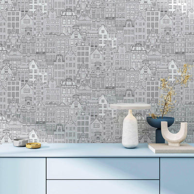 Cityscape 3D Embossed Wallpaper, Light Gray Realistic Houses Apartments Design, Home Wall Decor, Modern Wallcovering - Walloro High End Wallcoverings & More