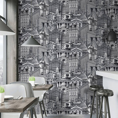 Cityscape Buildings Wallpaper, Rich Textured Wallcovering, Traditional, Modern Wallpaper, Extra Large 114 sq ft Roll, Washable, Drawing - Walloro High End Wallcoverings & More