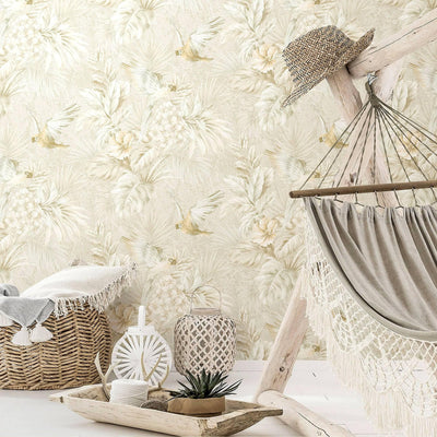 Cream Birds Deep Embossed Wallpaper, Stylish 3D Textured Tropical Plants Wallcovering - Walloro High End Wallcoverings & More