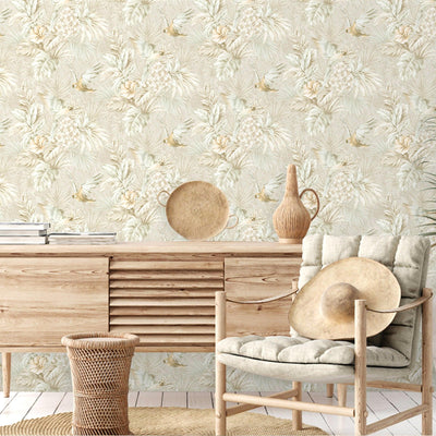 Cream Birds Deep Embossed Wallpaper, Stylish 3D Textured Tropical Plants Wallcovering - Walloro High End Wallcoverings & More