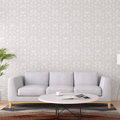 Cream Lace Trellis Wallpaper, Shiny Silver Gold Patterns Faded Colors Damask Design - Walloro High End Wallcoverings & More