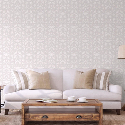 Cream Lace Trellis Wallpaper, Shiny Silver Gold Patterns Faded Colors Damask Design - Walloro High End Wallcoverings & More