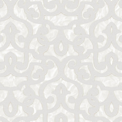 Cream Lace Trellis Wallpaper, Shiny Silver Gold Patterns Faded Colors Damask Design - Walloro High End Wallcoverings & More