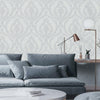 Damask Deep Embossed Wallpaper, Light Gray, White Luxury 3D Non-Pasted Wallcovering, Shimmering, Traditional Non-Woven Wall Decor - Walloro High End Wallcoverings & More