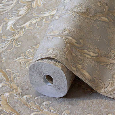 Damask Deep Embossed Wallpaper, Tan, Gold Luxury 3D Non-Pasted Wallcovering, Shimmering, Traditional Non-Woven Wall Decor - Walloro High End Wallcoverings & More