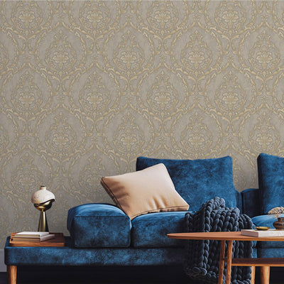 Damask Deep Embossed Wallpaper, Tan, Gold Luxury 3D Non-Pasted Wallcovering, Shimmering, Traditional Non-Woven Wall Decor - Walloro High End Wallcoverings & More