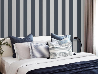 Dark Blue Timeless Bold Striped Wallpaper, Flocked Textured Velvet Feeling Thick Lines Wallcovering - Walloro High End Wallcoverings & More