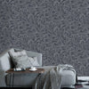 Dark Gray Black Luxury Leaves Solid Color Shades Wallpaper, Deep Embossed Flocked Velvet Feeling Design - Walloro High End Wallcoverings & More