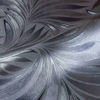 Dark Gray Black Luxury Leaves Solid Color Shades Wallpaper, Deep Embossed Flocked Velvet Feeling Design - Walloro High End Wallcoverings & More