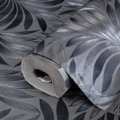 Dark Gray Black Luxury Leaves Solid Color Shades Wallpaper, Deep Embossed Flocked Velvet Feeling Design - Walloro High End Wallcoverings & More