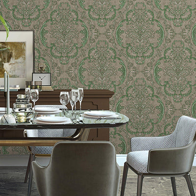 Deep Embossed Sparkling Damask Wallpaper, Stylish Brown Green Glittering Luxury Fabric Feel Vivid Colors, Home Commercial Use, Easy Clean, Water Resistant - Walloro High End Wallcoverings & More