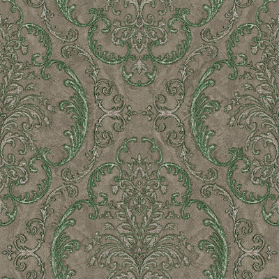 Deep Embossed Sparkling Damask Wallpaper, Stylish Brown Green Glittering Luxury Fabric Feel Vivid Colors, Home Commercial Use, Easy Clean, Water Resistant - Walloro High End Wallcoverings & More