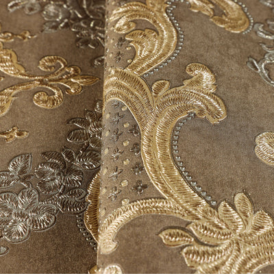 Elegant Brown Damask Deep Embossed Wallpaper, 3D Textured Dark Wallcovering, Traditional, Extra Large 114 sq ft Roll, Washable, Luxury - Walloro High End Wallcoverings & More