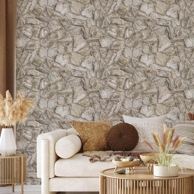 Elegant Realistic Stone Effect Wallpaper, Beige Deep Embossed Wall Decor Accent, Aesthetic Textured Wallcovering, - Walloro High End Wallcoverings & More