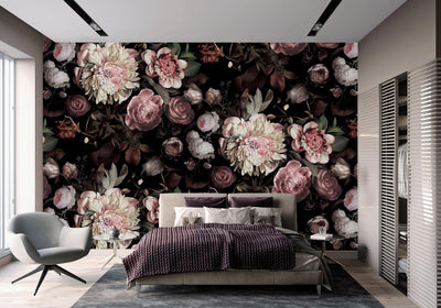 Floral Peony Wall Mural, Black Large Blooms Black Botanical Wallpaper,Home Decor Wall Art, Non-Woven, Non-Pasted, Removable, Washable - Walloro High End Wallcoverings & More