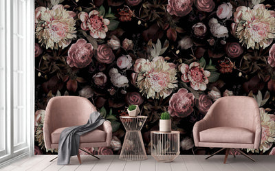 Floral Peony Wall Mural, Black Large Blooms Black Botanical Wallpaper,Home Decor Wall Art, Non-Woven, Non-Pasted, Removable, Washable - Walloro High End Wallcoverings & More