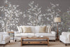 Gray Chinoiserie Floral Wall Mural, Birds Tree Flowers Wallpaper, Custom Size Wall Covering, Non-Woven, Non-Adhesive, Removable, Washable - Walloro High End Wallcoverings & More