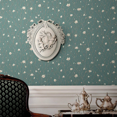 Green Floral Blossom Embossed Wallpaper, Flower Branches Chinoiserie Wallcovering - Walloro High End Wallcoverings & More