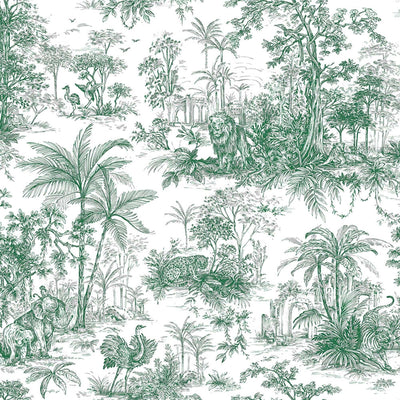 Green Tropical Toile Textured Wallpaper, Stylish Plants Animals Jungle Forest Theme Wallcovering - Walloro High End Wallcoverings & More