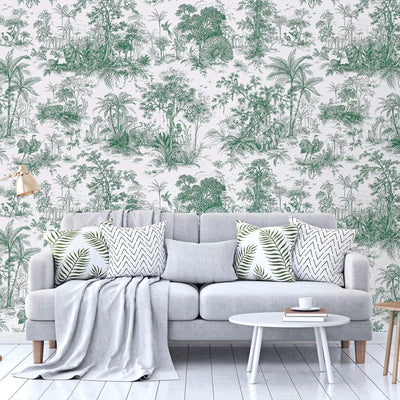 Green Tropical Toile Textured Wallpaper, Stylish Plants Animals Jungle Forest Theme Wallcovering - Walloro High End Wallcoverings & More