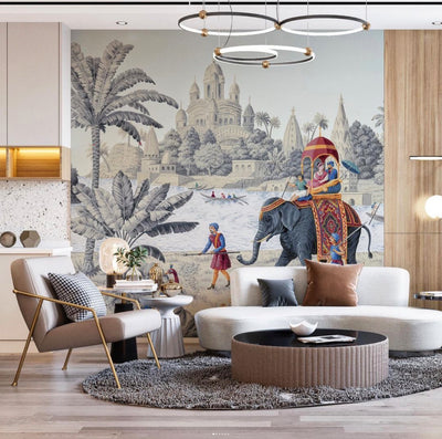 Indian Elephant Scene Wallpaper, Early Morning of India Historical Wall Mural, Blue Custom Size Wall Covering, Non-Woven, Non-Pasted, Removable - Walloro High End Wallcoverings & More