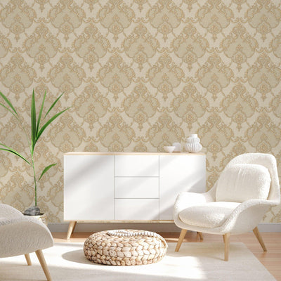 Italian Damask Embossed Wallpaper, Beige, Yellow Sparkling Neutral Colors Luxury Wallcovering, 3D Textured, Non-Woven, Non-Pasted - Walloro High End Wallcoverings & More