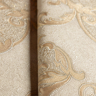 Italian Damask Embossed Wallpaper, Beige, Yellow Sparkling Neutral Colors Luxury Wallcovering, 3D Textured, Non-Woven, Non-Pasted - Walloro High End Wallcoverings & More