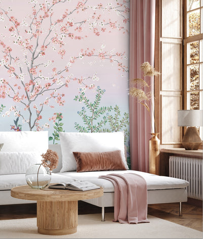 Large Chinoiserie Blossom Floral Wallpaper, Pink Ombre Flowers Birds Wall Mural, Custom Size Wall Covering, Non-Woven, Non-Pasted, Removable - Walloro High End Wallcoverings & More