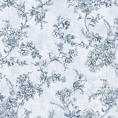 Light Blue Elegant Chinoiserie Blossom Floral Wallpaper, Animal Print Birds Flowers Botanical Pattern - Walloro High End Wallcoverings & More