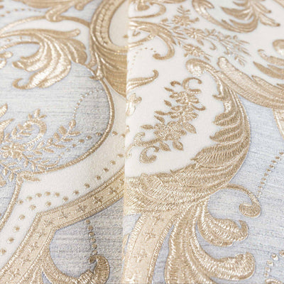 Light Blue, Gold Luxury 3D Damask Wallpaper, Premium Sparkling Velvet Feeling Flocked Wallcovering - Walloro High End Wallcoverings & More