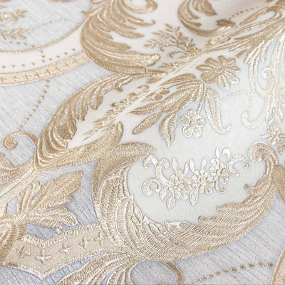 Light Blue, Gold Luxury 3D Damask Wallpaper, Premium Sparkling Velvet Feeling Flocked Wallcovering - Walloro High End Wallcoverings & More