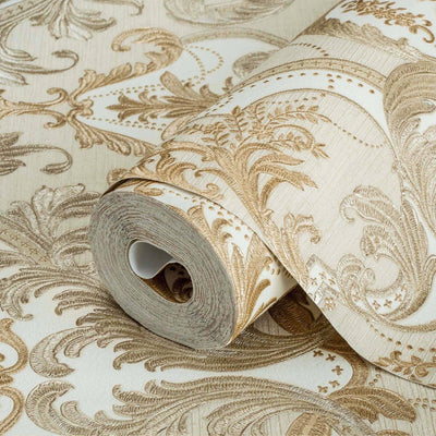 Light Tan, Gold Luxury 3D Damask Wallpaper, Premium Sparkling Velvet Feeling Flocked Wallcovering - Walloro High End Wallcoverings & More