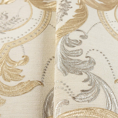 Light Tan, Gold Luxury 3D Damask Wallpaper, Premium Sparkling Velvet Feeling Flocked Wallcovering - Walloro High End Wallcoverings & More