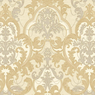 Light Tan, Gold Luxury 3D Damask Wallpaper, Premium Sparkling Velvet Feeling Flocked Wallcovering - Walloro High End Wallcoverings & More