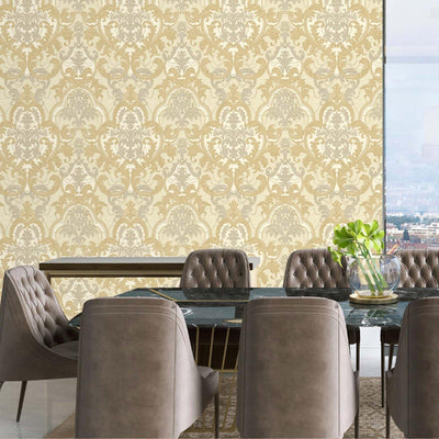 Light Tan, Gold Luxury 3D Damask Wallpaper, Premium Sparkling Velvet Feeling Flocked Wallcovering - Walloro High End Wallcoverings & More