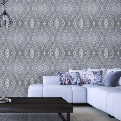 Luxurious Argyle Pattern Embossed Wallpaper, Gray, Blue Diamond Shape 3D Textured Shimmering, Geometric Design - Walloro High End Wallcoverings & More