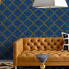 Luxury Blue Moroccan Embossed Wallpaper, Rich Textured Wallcovering, Traditional, Shiny Gold Accent, Extra Large 114 sq ft Roll, Washable - Walloro High End Wallcoverings & More