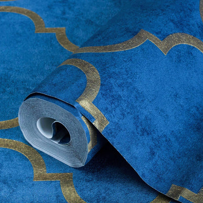 Luxury Blue Moroccan Embossed Wallpaper, Rich Textured Wallcovering, Traditional, Shiny Gold Accent, Extra Large 114 sq ft Roll, Washable - Walloro High End Wallcoverings & More