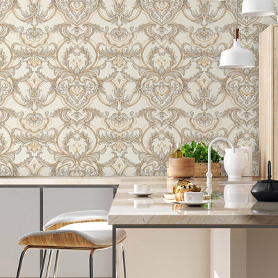 Luxury Deep Embossed Damask Wallpaper, Cream, Silver, Home & Commercial Use Decorative Wallcovering, Washable, Sturdy - Walloro High End Wallcoverings & More