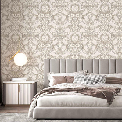 Luxury Deep Embossed Damask Wallpaper, White, Silver, Home & Commercial Use Decorative Wallcovering, Washable, Sturdy - Walloro High End Wallcoverings & More