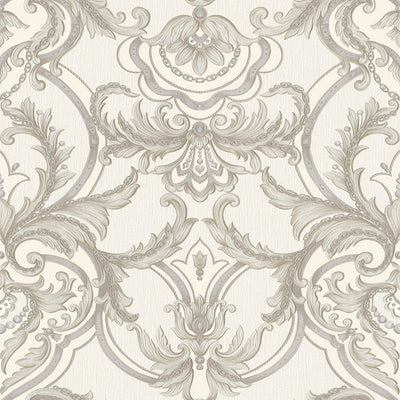 Luxury Deep Embossed Damask Wallpaper, White, Silver, Home & Commercial Use Decorative Wallcovering, Washable, Sturdy - Walloro High End Wallcoverings & More