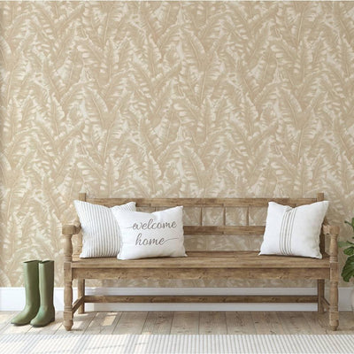 Luxury Leaf Pattern Wallpaper, Beige Embossed Botanical Tropical Exotic Wallcovering, Plants Tropical Design - Walloro High End Wallcoverings & More