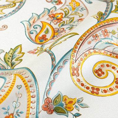 Luxury Paisley Deep Embossed Wallpaper, White Vivid Colors Traditional Rich Textured Wallcovering - Walloro High End Wallcoverings & More