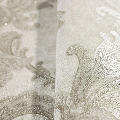 Luxury Sparkling Deep Embossed Damask Wallpaper, Gray, Light Tan Beautiful Flocked Shimmering Rich Textured Wallcovering - Walloro High End Wallcoverings & More