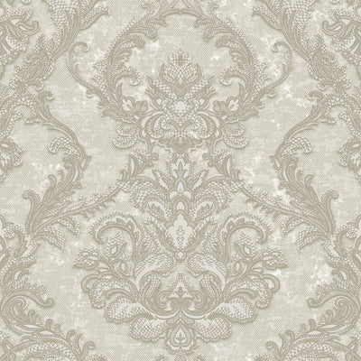 Luxury Sparkling Deep Embossed Damask Wallpaper, Gray, Light Tan Beautiful Flocked Shimmering Rich Textured Wallcovering - Walloro High End Wallcoverings & More