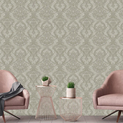 Luxury Sparkling Deep Embossed Damask Wallpaper, Gray, Light Tan Beautiful Flocked Shimmering Rich Textured Wallcovering - Walloro High End Wallcoverings & More