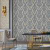 Luxury Sparkling Deep Embossed Damask Wallpaper, Gray, Navy Blue Beautiful Flocked Shimmering Rich Textured Wallcovering - Walloro High End Wallcoverings & More