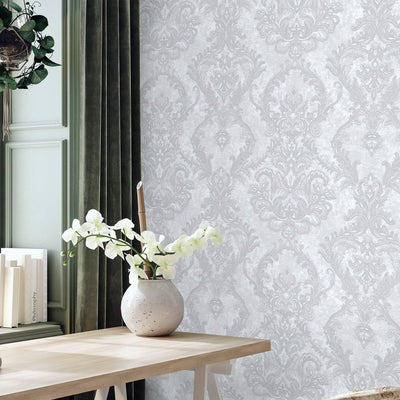 Luxury Sparkling Deep Embossed Damask Wallpaper, White, Silver Beautiful Flocked Shimmering Rich Textured Wallcovering - Walloro High End Wallcoverings & More