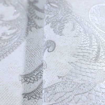 Luxury Sparkling Deep Embossed Damask Wallpaper, White, Silver Beautiful Flocked Shimmering Rich Textured Wallcovering - Walloro High End Wallcoverings & More