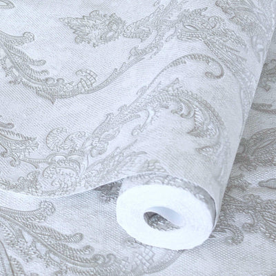 Luxury Sparkling Deep Embossed Damask Wallpaper, White, Silver Beautiful Flocked Shimmering Rich Textured Wallcovering - Walloro High End Wallcoverings & More